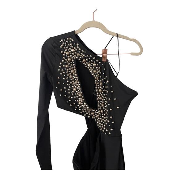 NBD Isla One Shoulder Mini Dress Cut Out Embellished Detachable Sleeve Black S - Picture 8 of 16